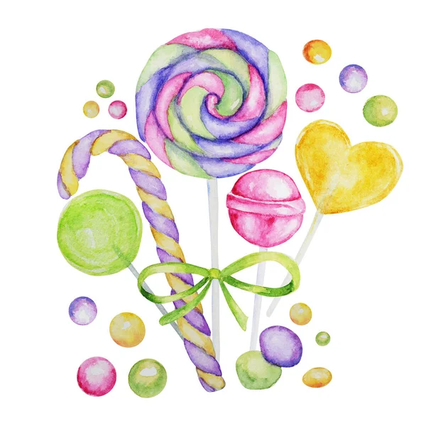 明亮的颜色糖果集。棒棒糖在白色背景上具有鲜艳的色彩。水彩手绘糖果插图菜单设计，卡片，海报，班纳，邀请. — 图库照片