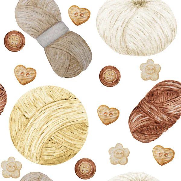 Aquarel Naadloos patroon Hobby Breien. Verzameling van hand getekende beige, bruine kleuren elementen van breien yearn bal, gebreid hart en knoppen op witte achtergrond. — Stockfoto