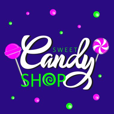 Şekerci Dükkanı Logosu tasarım şeması. Tatlı Lolipoplar Bon-bon Logotype Konsepti ikonu. Parlak renkler el yazısıyla yazılmış vektör illüstrasyonu