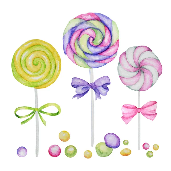 Conjunto de doces de cores brilhantes. Lollipops cores brilhantes no fundo branco. Watercolor mão desenhado doces ilustração para design de menu, cartões, cartaz, baner, convites . — Fotografia de Stock