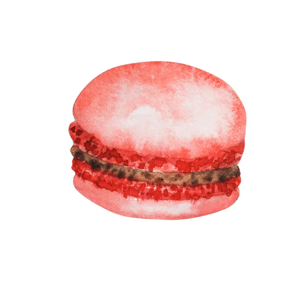 Met de hand getekend aquarel Franse rode macaron taarten, wit Frans gebak dessert. Geïsoleerd op witte achtergrond kleurrijke macaroon koekjes, zoet en mooi dessert. — Stockfoto