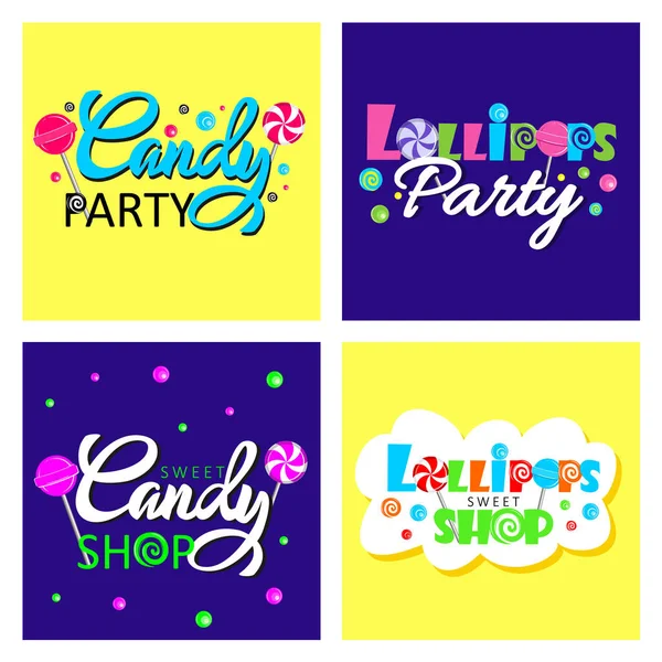 Sweet Candy Shop Logo design vector template set. Lollipops Bon-bon store Logotype Concept icon. Bright colors Handwritten lettering vector illustration — Stock Vector