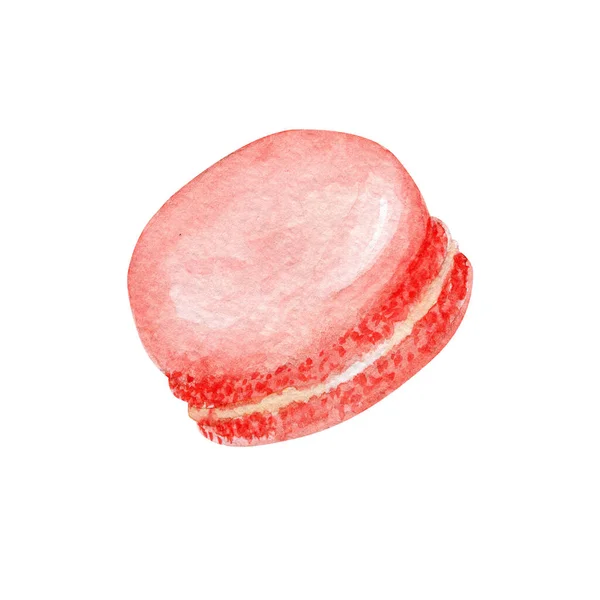 Acuarela dibujada a mano tortas macaron rojas francesas, postre de pastelería francesa blanca. Aislado sobre fondo blanco coloridas galletas de macarrones, dulce y hermoso postre . — Foto de Stock