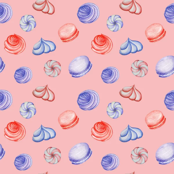Яркий сладкий вкусный акварель Бесшовный узор с безе, вафли, конфеты, макароны. Синий фиолетовый красный розовый цвет ткань текстуры руки нарисованы иллюстрации на розовом фоне — стоковое фото