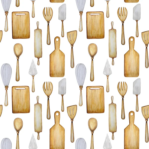 Hand drawn Wooden Kitchen tools seamless pattern. Accessories for baking watercolor fabric texture illustration. Cooking time poster, banner concept. Spoon, spatula, fork, rolling pin, knife, board