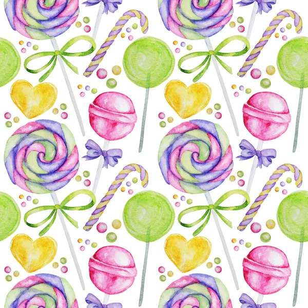 Los colores brillantes dulces dulces patrón sin costuras. Acuarela dibujado a mano caramelos Lollipops ilustración sobre fondo blanco. Textura de tela, diseño de papel scrapbook — Foto de Stock