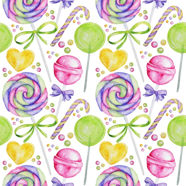 Bright colors candy sweets seamless pattern. Watercolor hand drawn candies Lollipops illustration on white background. Fabric texture, scrapbook paper design
