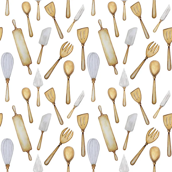 손으로 그린 우든 키친은 솔기없는 패턴을 도구로 사용 한다. 수채화 섬유 질감 삽화를 그릴 수있는 액세서리. 요리 시간 포스터, 배너 컨셉. 숟가락, 부 툴라, 포크, 압착 핀, 칼. — 스톡 사진