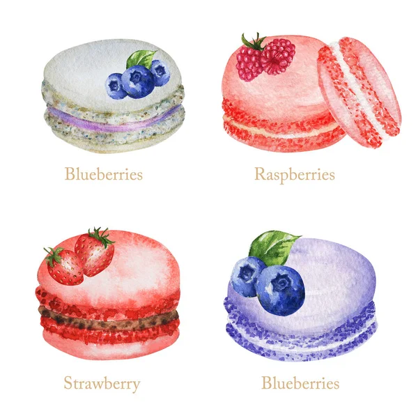 手工绘制的水彩画法国金银花蛋糕集。糕点甜点，白色背景，色彩艳丽的杏仁饼干，甜浆果，草莓，蓝莓，覆盆子 — 图库照片