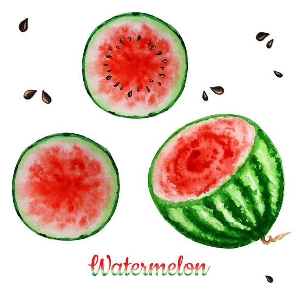 Görögdinnye szelet gyümölcs akvarell kézzel rajzolt illusztráció, friss egészséges élelmiszer - természetes bio élelmiszer elszigetelt fehér alapon. — Stock Fotó