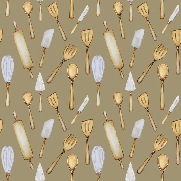 Hand drawn Wooden Kitchen tools seamless pattern. Accessories for baking watercolor fabric texture illustration. Cooking time poster, banner concept. Spoon, spatula, fork, rolling pin, knife, board