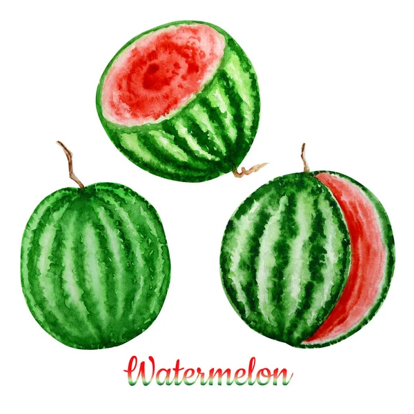 Görögdinnye szelet gyümölcs akvarell kézzel rajzolt illusztráció, friss egészséges élelmiszer - természetes bio élelmiszer elszigetelt fehér alapon. — Stock Fotó