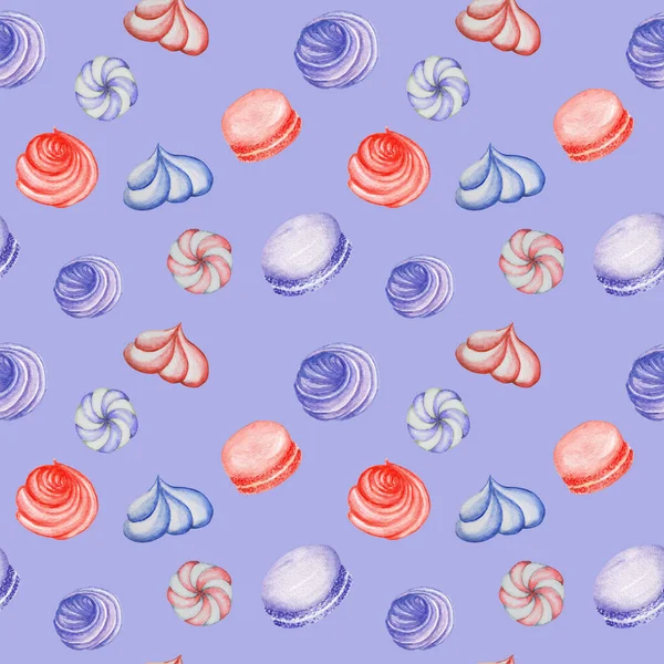 Яркий сладкий вкусный акварель Бесшовный узор с безе, вафли, конфеты, макароны. Синий фиолетовый красный розовый цвет текстуры ткани руки нарисованы иллюстрации на фиолетовом фоне — стоковое фото