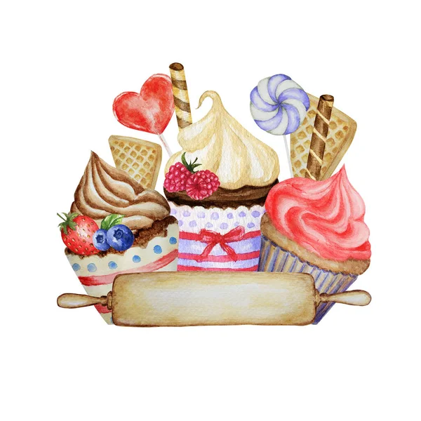 Watercolor Sweet deserts with Cream and biscuit, waffle, cake, cupcake, berries. Hand drawn delicious food illustration isolated on white background. Red Blue Sweets Bakery logo concept