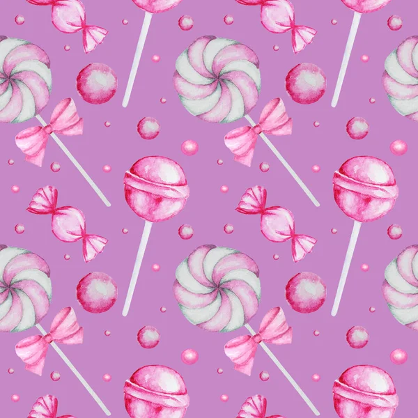 Los colores brillantes dulces dulces patrón sin costuras. Acuarela dibujado a mano caramelos Lollipops ilustración sobre fondo rosa. Textura de tela, diseño de papel scrapbook — Foto de Stock
