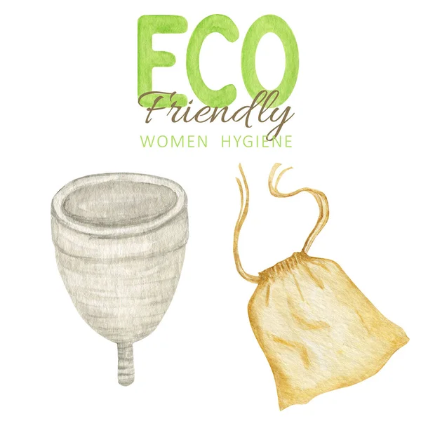 Coupe menstruelle lavable en silicone écologique avec sac en coton. Zéro déchet pour les femmes hygiène intime. Concept sans plastique . — Photo