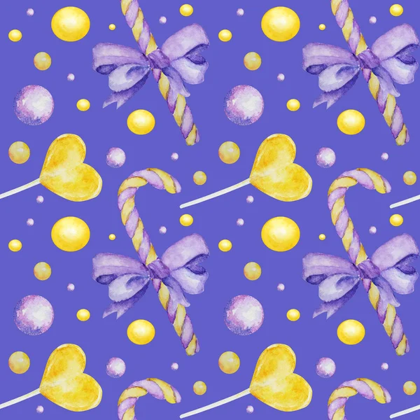 Los colores brillantes dulces dulces patrón sin costuras. Acuarela dibujado a mano caramelos Lollipops ilustración sobre fondo azul. Textura de tela, diseño de papel scrapbook — Foto de Stock