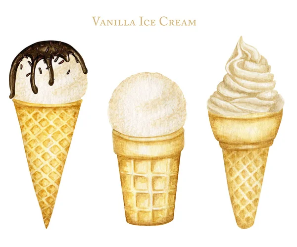 Várias colheres de sorvete de baunilha decoradas com chocolate em cone de waffle. Ilustração aquarela isolada sobre fundo branco — Fotografia de Stock