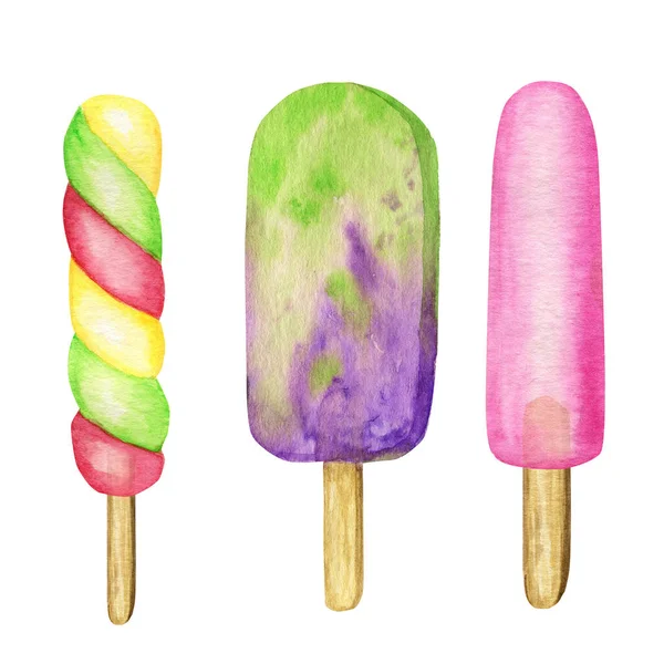 수채 색 아이스 롤리스 색 집합이다. 꽁꽁 얼어붙은 하드의 밝은 색깔 과일 묶음. 라즈베리, 블루베리, 키위, 체리, 바나나. 여름 컨셉이야. 흰 배경에 대한 아이스크림 특유의 삽화. — 스톡 사진