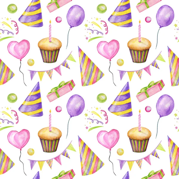 Urlaub nahtlose Muster mit bunten Bonbons, Cupcake, Luftballon, Geschenk, Konfetti, Stern, Karnevalsmütze. Happy Birthday oder Party Grußkarte, Scrapbooking, Stoff, Textur, Geschenkpapier-Konzept — Stockfoto