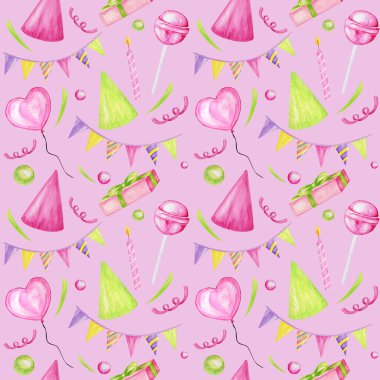 Renkli şekerler, kek, balon, hediye, konfeti, yıldız, karnaval şapkası. Mutlu yıllar ya da parti tebrik kartı, hatıra defteri, kumaş, doku, hediye kağıdı konsepti