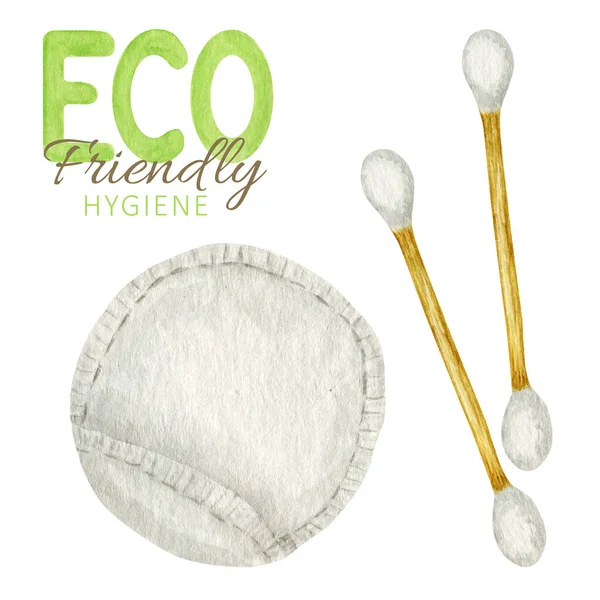 Coton-tige en bambou aquarelle, tampons en coton. Matériau en bois biodégradable. Produits d'hygiène isolés respectueux de l'environnement. Zéro déchet Conception écologique. Style de vie écologique recyclé. Recycler Réutiliser Réduire concept — Photo