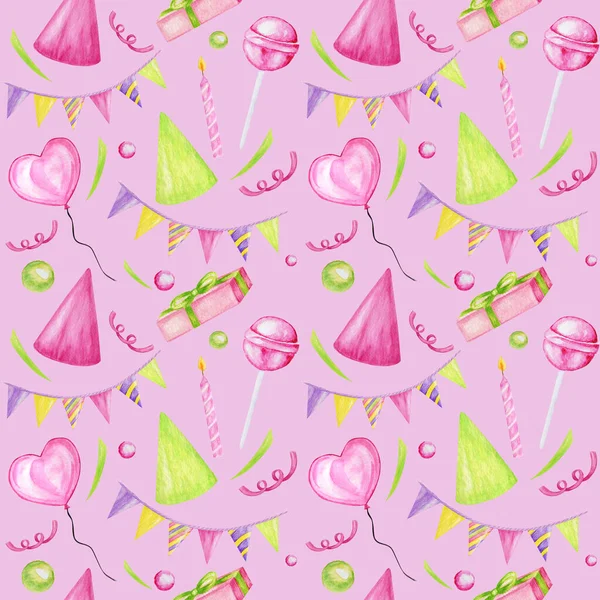 Holiday seamless pattern with colorful candies, cupcake, balloon, gift, confetti, star, carnival cap. Happy Birthday or party greeting card, scrapbooking, fabric, texture, gift paper concept — Stock Photo, Image