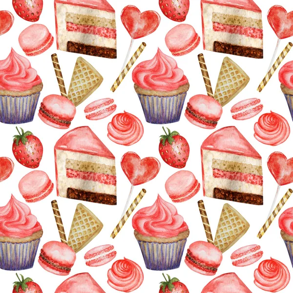 Бесшовный рисунок акварели. Красно-голубые сладкие десерты со сливками и печеньем, вафлями, тортом, кексами, ягодами. Ручной рисунок вкусной еды на белом фоне. Концепция текстуры ткани — стоковое фото