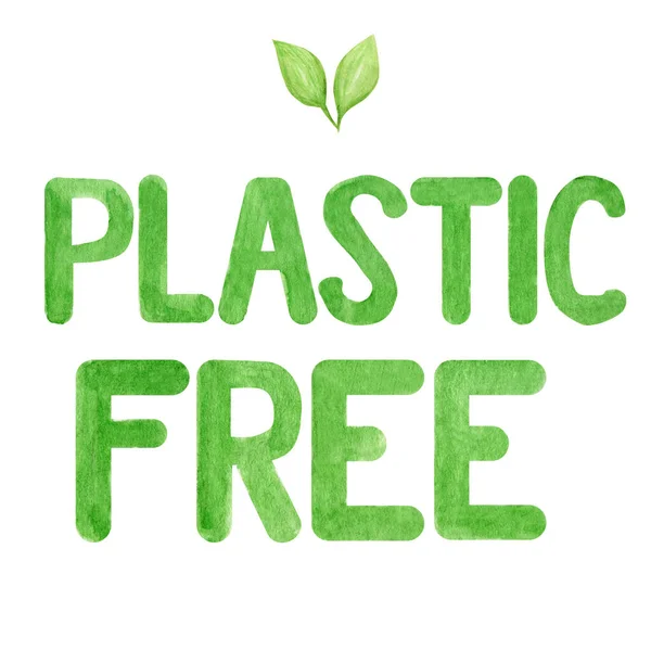 Plastic free Green icon sign Watercolor hand drawn lettering illustration isolated on white background. Ecological design. Recycled eco zero waste lifestyle. ECO friendly, Recycle Reuse Reduce concept — Stock Photo, Image