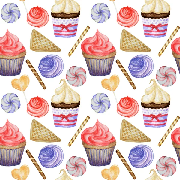 Υδατογραφία Απρόσκοπτη μοτίβο. Red Blue Sweet επιδόρπια με κρέμα και μπισκότο, βάφλα, κέικ, cupcake, μούρα. Χέρι που νόστιμο φαγητό εικονογράφηση σε λευκό φόντο. Έννοια σχεδίασης υφάσματος — Φωτογραφία Αρχείου