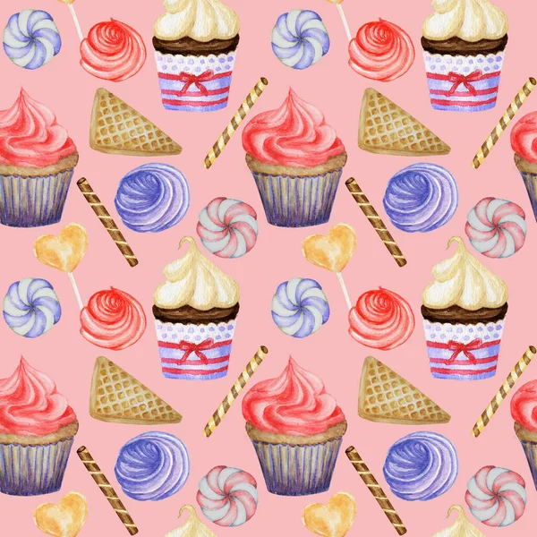 Aquarell Nahtloses Muster. Red Blue Sweet Desserts mit Sahne und Keksen, Waffeln, Kuchen, Cupcake, Beeren. Handgezeichnete köstliche Lebensmittel Illustration auf rosa Hintergrund. Gewebe Textur Design Konzept — Stockfoto