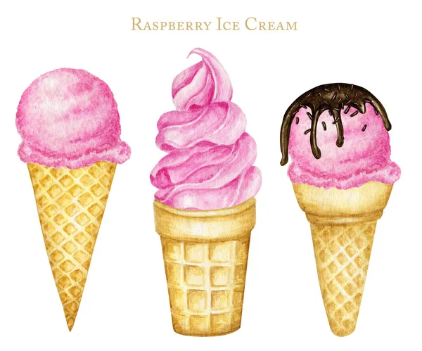 Diverse Raspberry Aardbei roze ijs-scoops versierd met chocolade in wafelkegel set. Aquarelillustratie geïsoleerd op witte achtergrond — Stockfoto