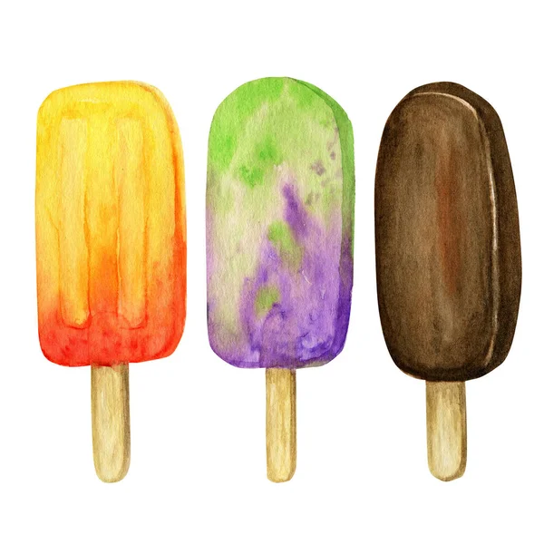 Aquarell Ice Lollys farbiges Set vorhanden. Bright Color fruchtige Kollektion von gefrorenen Eis am Stiel. Orange, Blaubeere, Kiwi, Schokolade. Sommerkonzept. Eis isolierte Illustration auf weißem Hintergrund. — Stockfoto