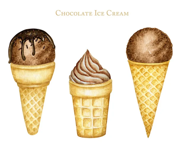 Różne gałki lodów czekoladowych ozdobione czekoladą w zestawie waflowym. Ilustracja akwarela izolowane na białym tle — Zdjęcie stockowe