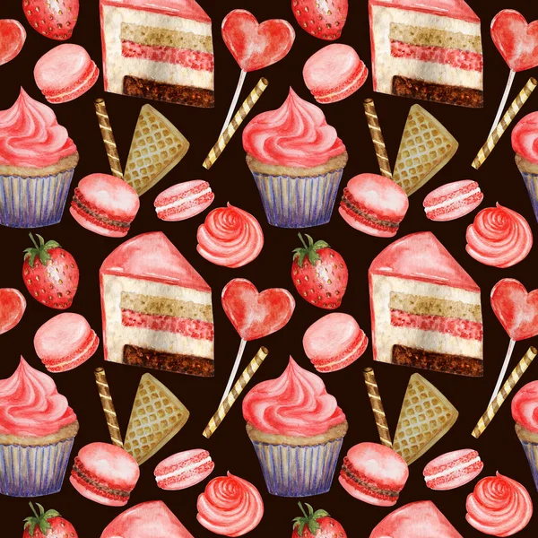Бесшовный рисунок акварели. Красно-голубые сладкие десерты со сливками и печеньем, вафлями, тортом, кексами, ягодами. Ручной рисунок вкусной еды на коричневом фоне. Концепция текстуры ткани — стоковое фото