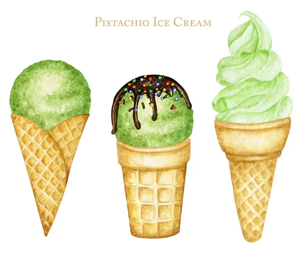 Varie palline di gelato al pistacchio verde decorate con cioccolato in set di waffle cone. Illustrazione ad acquerello isolato su sfondo bianco — Foto Stock