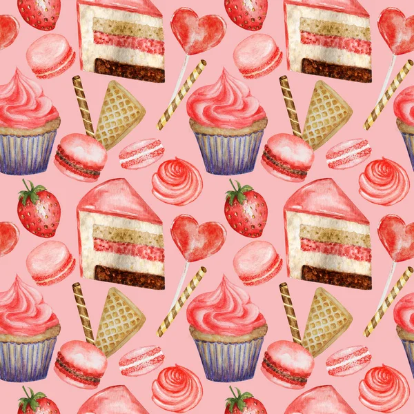 Watercolor Seamless pattern. Red Blue Sweet deserts with Cream and biscuit, waffle, cake, cupcake, berries. Hand drawn delicious food illustration on pink background. Fabric texture design concept — Stock Photo, Image