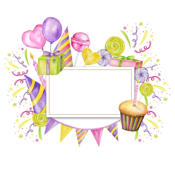 Holiday frame or background with colorful candies, cupcake, balloon, gift, confetti, star, carnival cap and streamer. Happy Birthday or party greeting card, invitation concept with copy space. — Stock Photo, Image