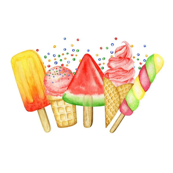 Παγωτά, μπάλες παγωτού διακοσμημένες με σοκολάτα σε πλαίσιο σύνθεσης κώνου βάφλας. Εικονογράφηση ακουαρέλας που απομονώνεται σε λευκό φόντο. Κόκκινο ροζ φράουλα, βατόμουρο φρούτα μπάλες παγωτό — Φωτογραφία Αρχείου