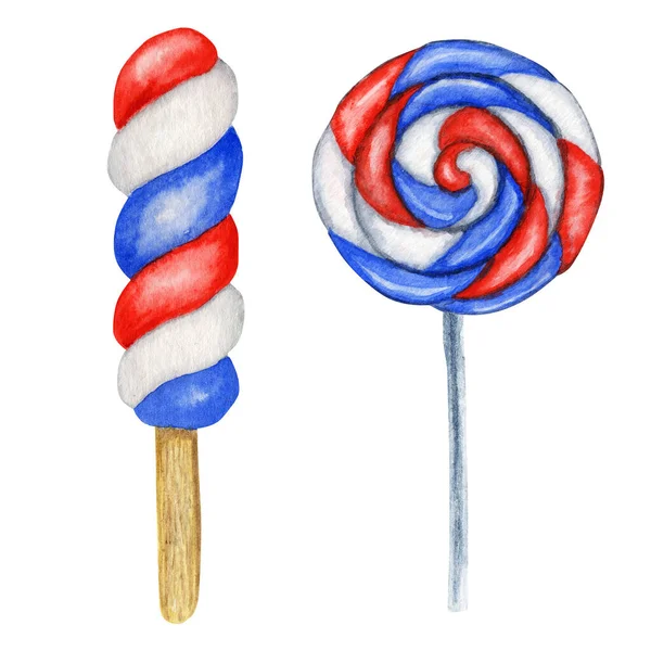 Aquarell-Popcicle-Eis und Lollypop-Bonbons in den Farben der US-Flagge. Für süße amerikanische patriotische Designkompositionen, Independence Day of America, Memorial, Flag Day Party Dekorkonzept — Stockfoto