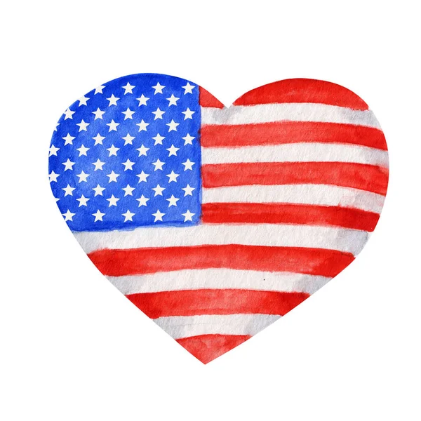 Αμερικανική Σημαία καρδιά, ζωγραφισμένα στο χέρι ακουαρέλα εικονογράφηση για ευτυχισμένη ημέρα ανεξαρτησίας της Αμερικής. 4η του july usa σχέδιο έννοια για το λευκό backgraund — Φωτογραφία Αρχείου
