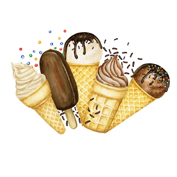 Gelados, colheres de sorvete decoradas com chocolate no quadro de composição do logotipo do cone de waffle. Ilustração aquarela isolada sobre fundo branco. Baunilha, bolas de sorvete de chocolate — Fotografia de Stock