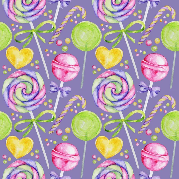 Cores brilhantes doces doces padrão sem costura. Watercolor mão desenhado doces Lollipops ilustração no fundo roxo. Textura de tecido, design de papel scrapbook — Fotografia de Stock