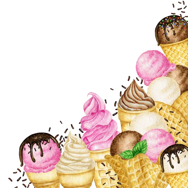 Boules de crème glacée décorées avec du chocolat dans un cadre de composition de cône de gaufre. Illustration aquarelle isolée sur fond blanc. Vanille, Chocolat, fraise rose framboise boules de glace bordure — Photo