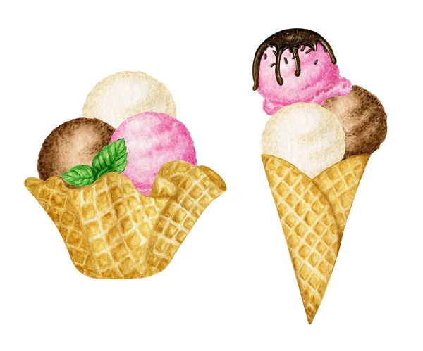用薄荷叶装饰的雪糕勺，配上华夫饼筒，味道鲜美。白色背景上孤立的水彩画.香草、巧克力和粉红色覆盆子冰淇淋球 — 图库照片
