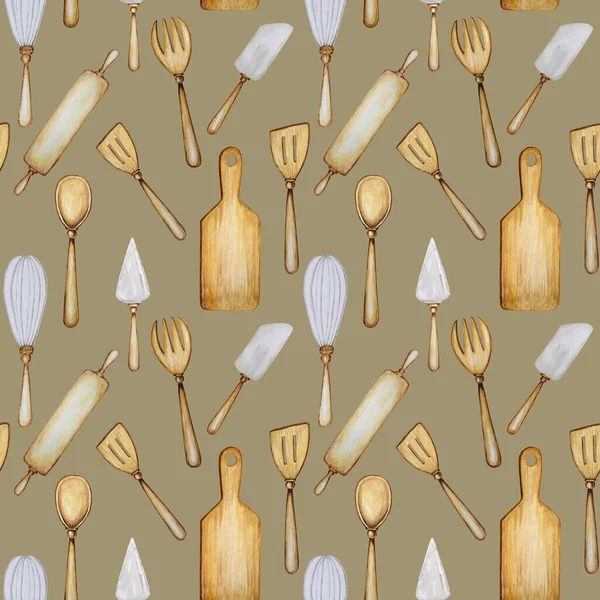 Ručně kreslené Dřevěné kuchyňské nářadí bezešvé vzor. Příslušenství pro upečení textury akvarelu. Plakát s časem vaření, banner concept. Lžíce, špachtle, vidlička, váleček, nůž, deska — Stock fotografie