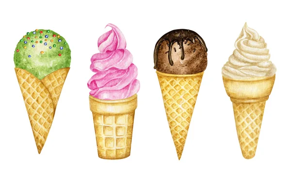 Diverse ijsbolletjes versierd met chocolade in wafelkegel. Aquarel illustratie geïsoleerde geassorteerde ballen van vanille, chocolade, roze aardbei, frambozen, groene pistache ijs in wafels — Stockfoto