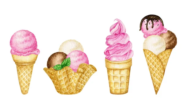 Verschiedene Eiskugeln mit Schokolade in Waffelkegel verziert. Aquarell-Illustration isoliert sortierte Kugeln aus Vanille, Schokolade, rosa Erdbeere, Himbeereis in Waffeln — Stockfoto