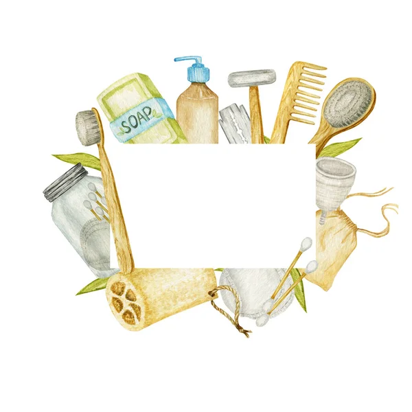 Zero waste bathroom accessories frame. Natural sisal brush, wooden comb, solid soap, shampoo bars, Safety razor, reusable cotton make up removal pads in glass container. Eco-friendly hygiene concept