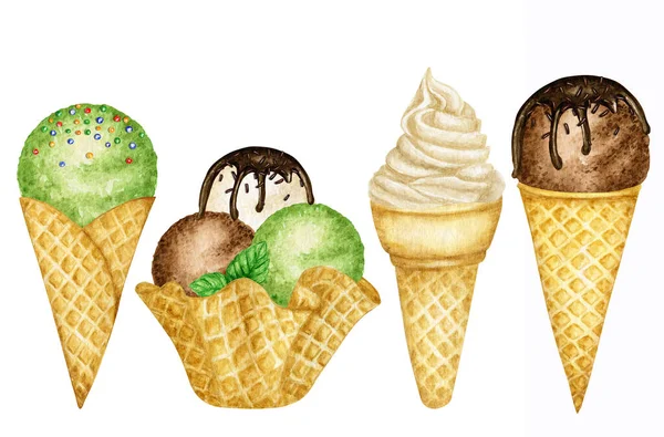 Diverse ijsbolletjes versierd met chocolade in wafelkegel. Aquarel illustratie geïsoleerde geassorteerde ballen van vanille, chocolade, groene pistache ijs in wafels — Stockfoto